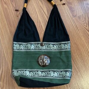 Boho Bohemian Black‎ and Green Elephant Women's Hobo Shoulder Bag